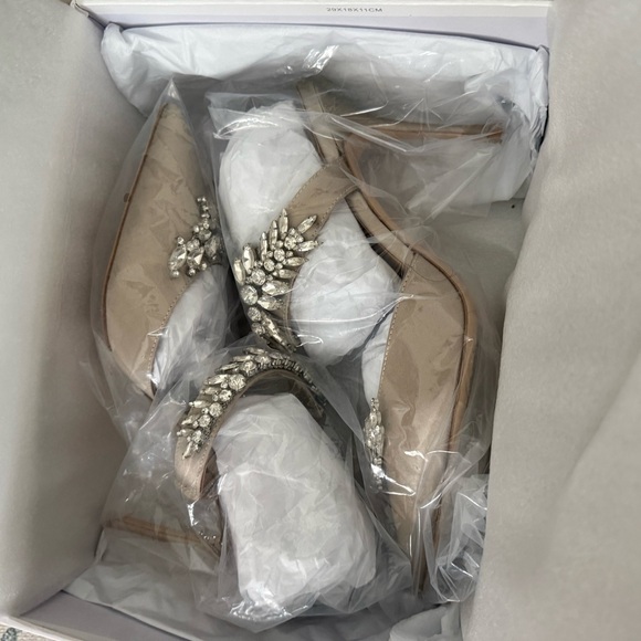 Manolo Blahnik Shoes - Manolo Blahnik Tan Heels with Crystal Accents